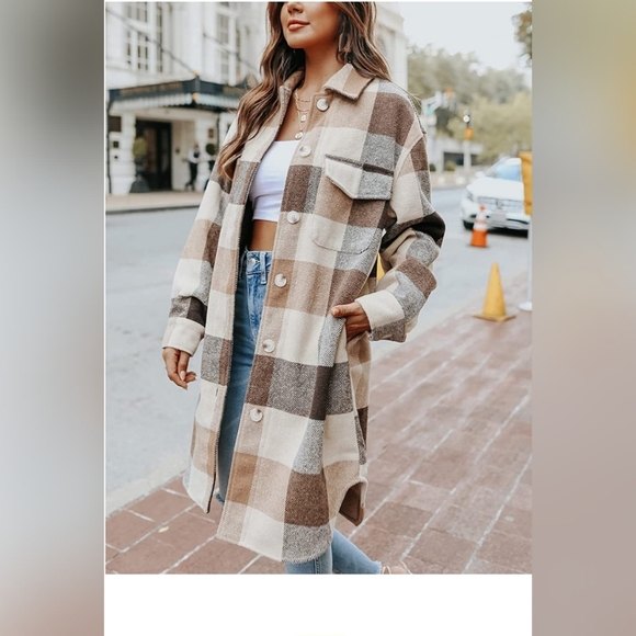 KHAKI Casual Plaid Wool Blend Pea Coat Button Down Shacket Shirt Long Jacket - Picture 2 of 4